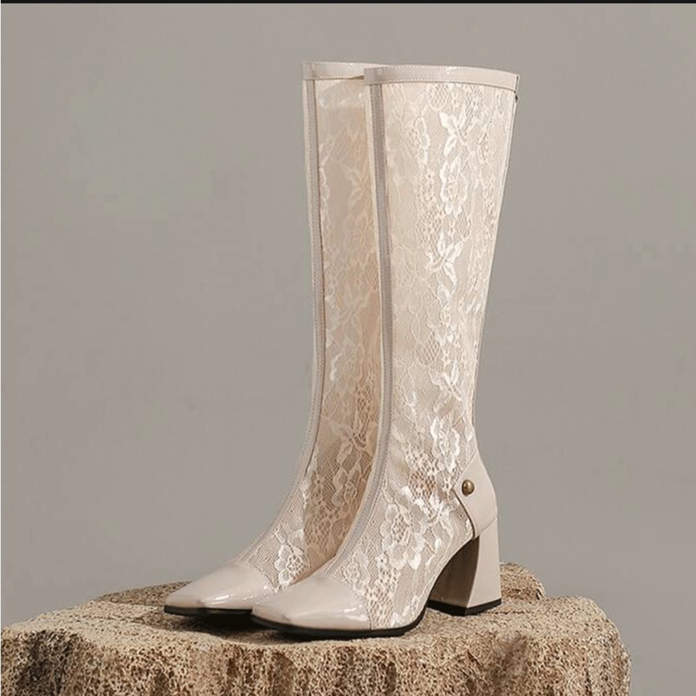 Cream Heeled Lace Boots